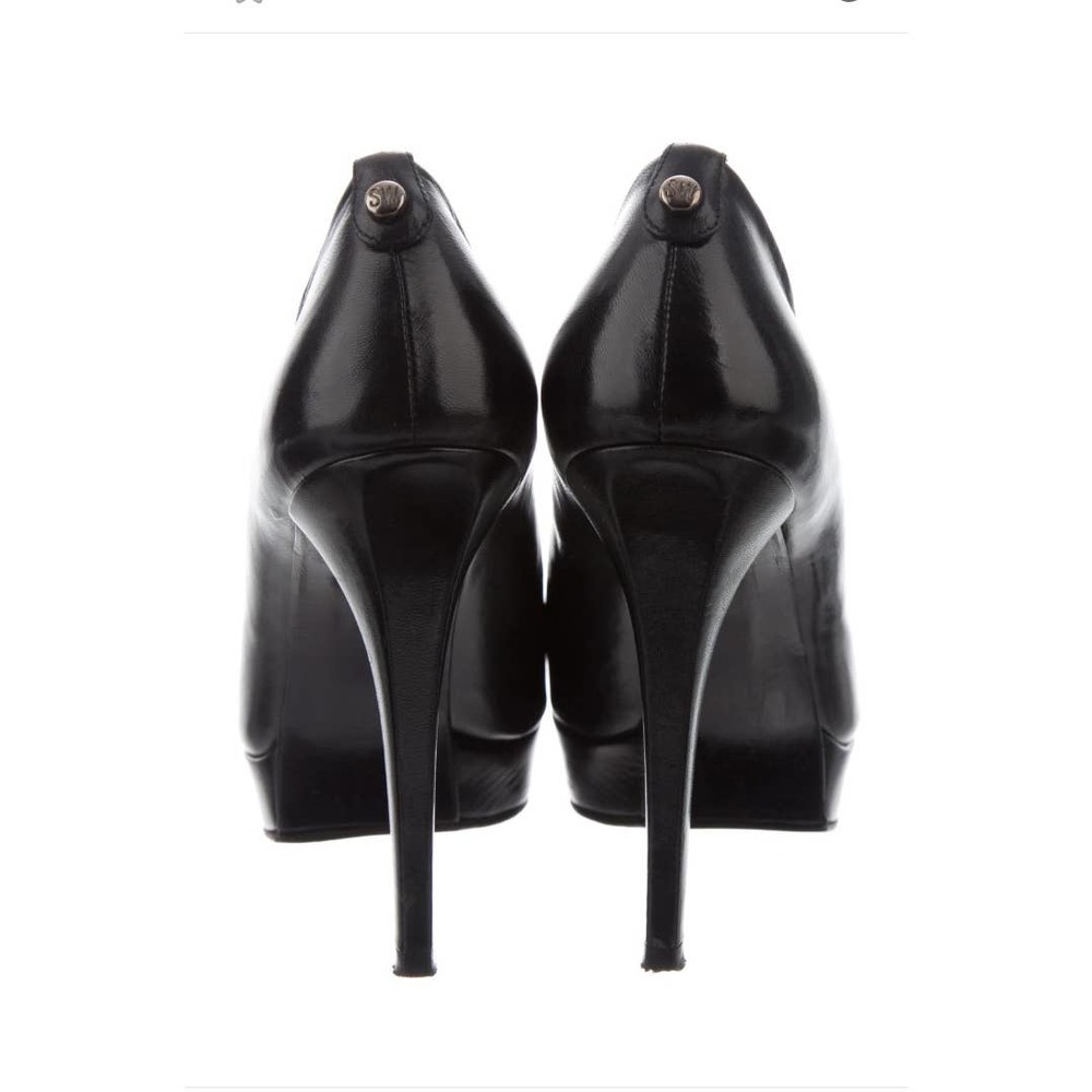 SOLD Stuart Weitzman STAGE Kid Leather Black Peep Toe Pumps 9.5 - Picture 4 of 6